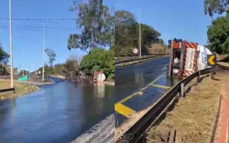 Acesso a Senador Canedo pela GO-402 segue interditado após tombamento de caminhão com biodiesel